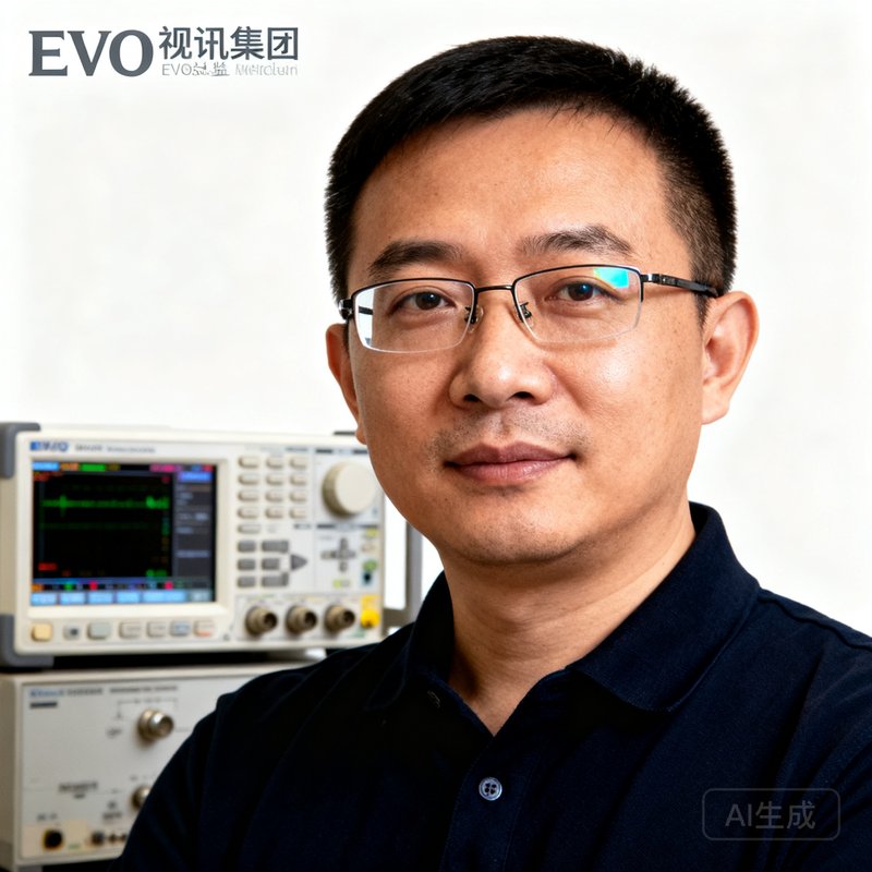 EVO视讯集团技术总监林晓峰的半身照，戴眼镜的技术专家形象，身后为信号测试仪器