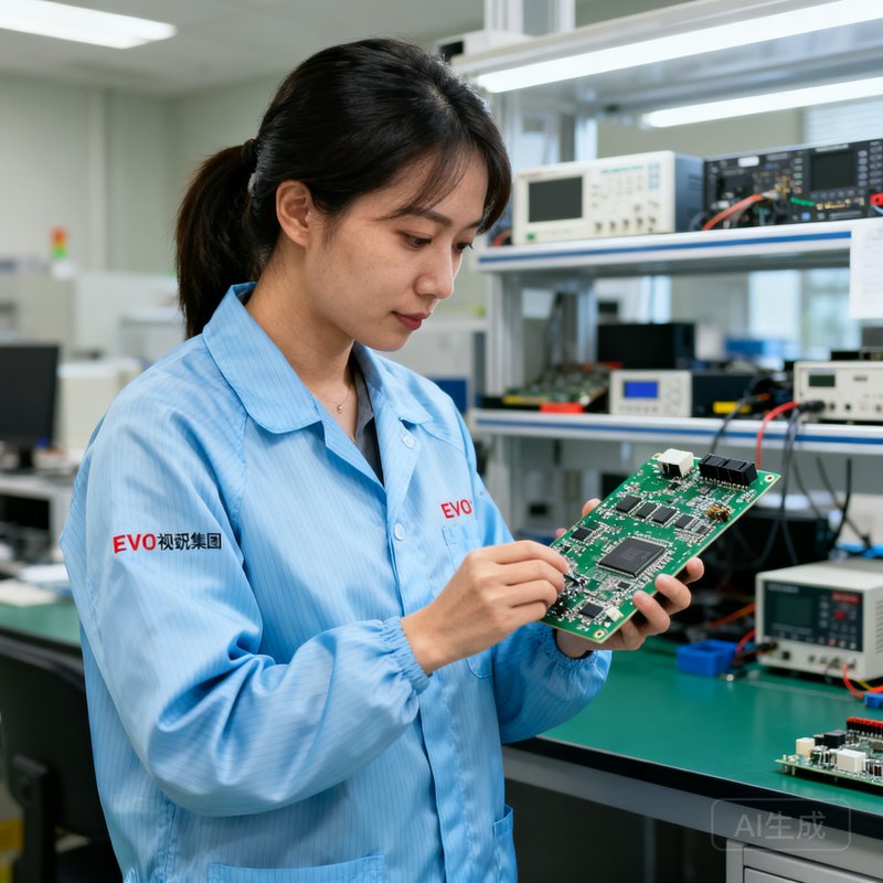 EVO视讯集团硬件研发主管王雅婷的工作照，女性工程师正在检查电路板细节